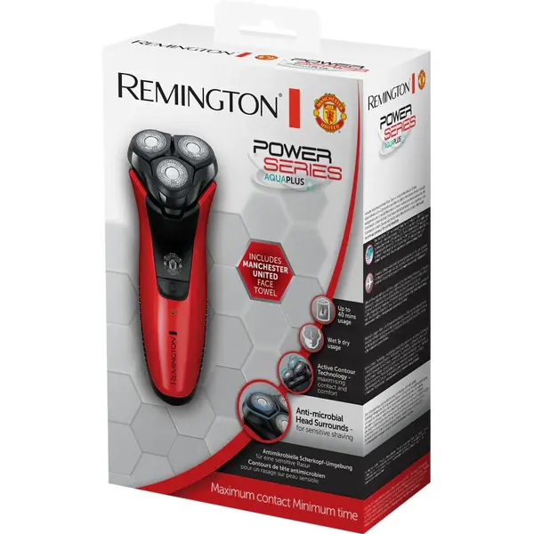 Aparat de ras Remington PR1355 Power Series Aqua Manchester United Edition, Lame otel inoxidabil, 3 capete pivotante, Wet &amp; Dry, Cap ComfortPivot, ComfortTrim, Indicator LED, Rosu/Negru