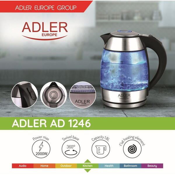Fierbator Adler Ceainic Electric din Sticla, Capacitate 1.8L, Putere 2000W, Filtru Anticalcar