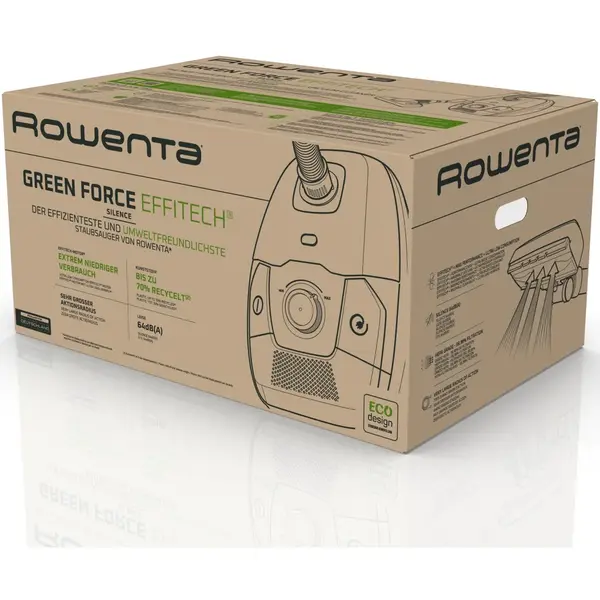 Aspirator Rowenta cu sac Green Force Effitech Total Clean RO6189EA, 400W, 3 niveluri de filtrare, lungime cablu 8.4m, recipient praf 4.5L, perie EasyBrush, indicator umplere sac, Negru