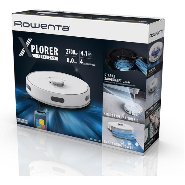 Aspirator Rowenta robot X-Plorer S75 Animal & Allergy RR8567WH, 31W, curatare 4 in 1, sistem Smart Aqua Power, recipient praf 0.3L, recipient apa 0.3L, 3 senzori de cadere, statie de incarcare, putere aspirare 2700 Pa, autonomie 120 min, Alb