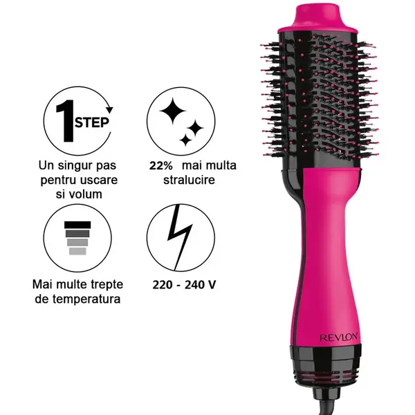 Perie electrica fixa REVLON One-Step Hair Dryer and Volumizer, RVDR5222PE, Pentru par mediu si lung, Roz