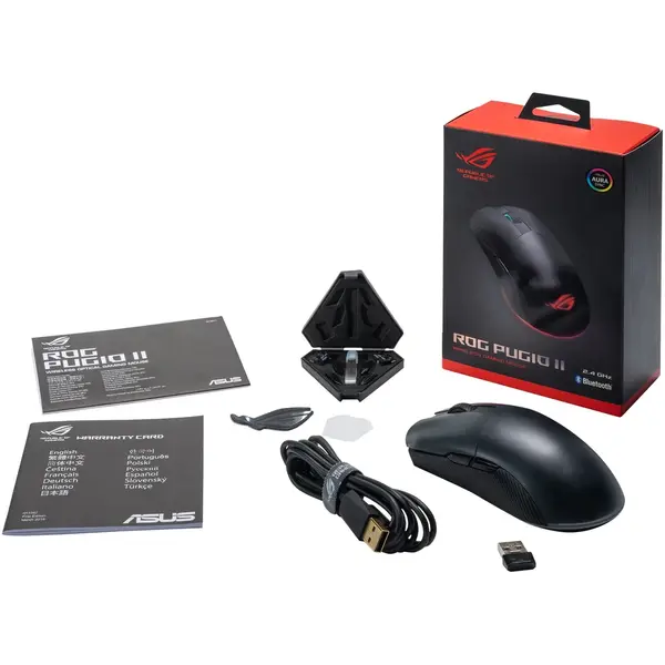 Mouse Asus ROG Pugio II, Wireless Gaming, RGB, Ambidextru, 16000 dpi, 7 butoane, Conectivitate triplu-mod (cu fir /2.4 GHz/Bluetooth), Iluminare Aura Sync, Negru