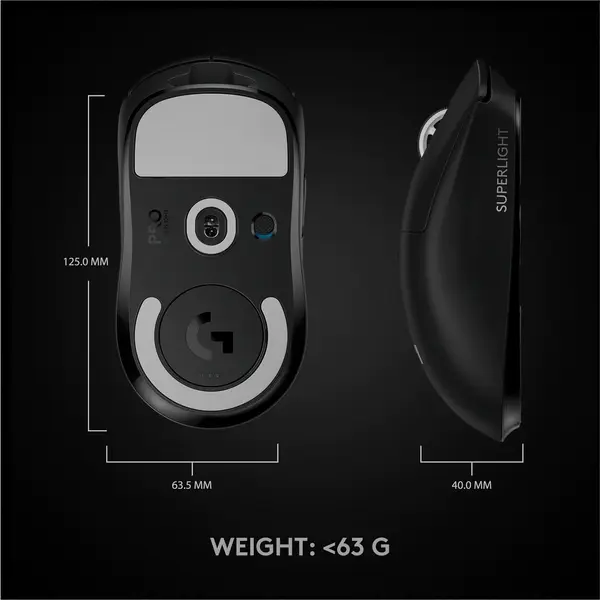 Mouse gaming wireless Logitech Pro X Superlight, ultrausor 63g, senzor LightSpeed Hero 25K DPI, Negru
