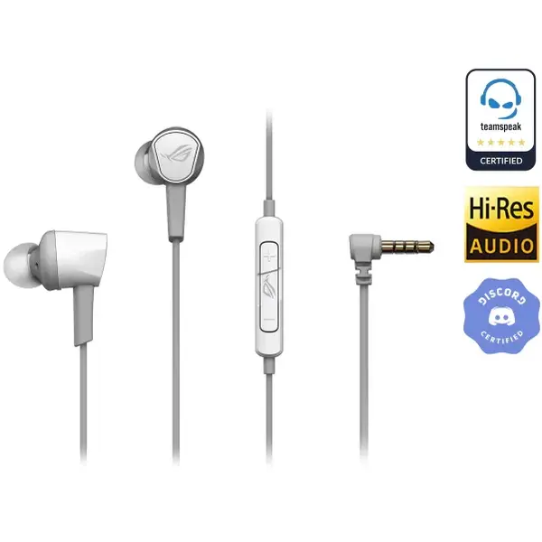 Casti gaming in-ear ASUS ROG Cetra II Core Moonlight White, 3.5 mm compatibil cu computere, laptopuri, telefoane mobile, ROG Phone 5, PlayStation 5, Xbox Series X/S și Nintendo Switch