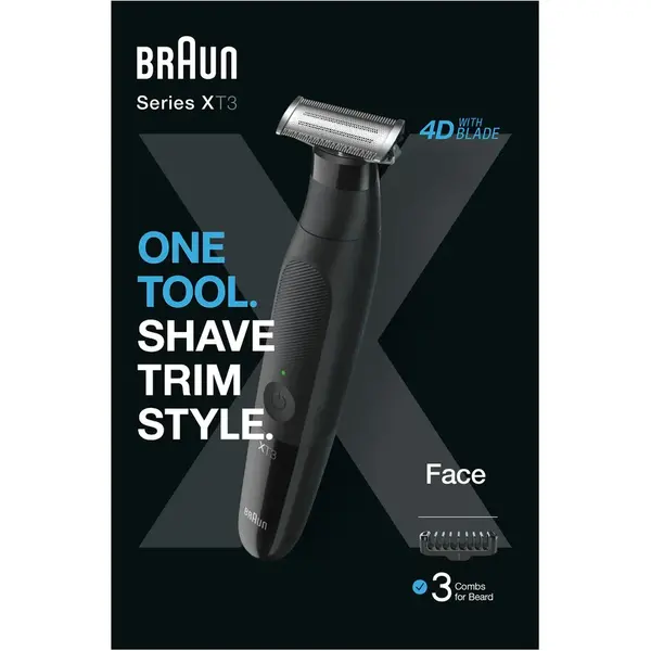 Aparat de ras Braun hibrid de barbierit si tuns barba Series X XT3100 Wet&Dry, 3 piepteni, Negru