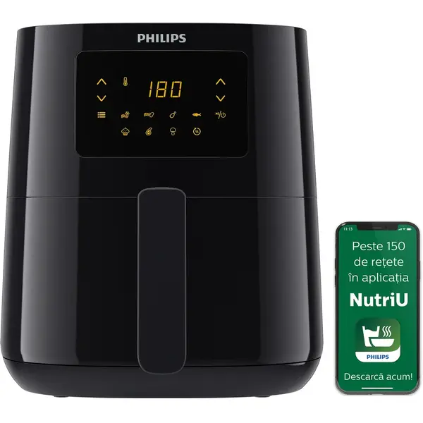Friteusa Philips fara ulei Airfryer Essential Collection HD9252/90 compact digital, capacitate 4.1 L, afisaj digital, 7 setari presetate (cartofi congelati, carne, peste, functie de mentinere la cald si multe altele), Curatare usoara