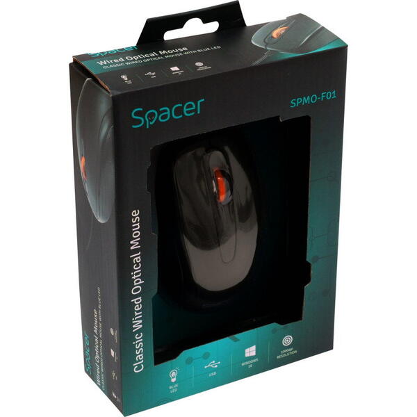 Mouse Spacer SPMO-F01, Cu fir, USB, Optic, Negru