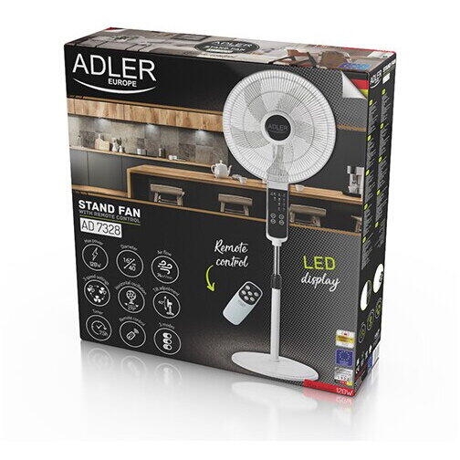 Ventilator Adler AD 7328, 40 cm/16 inch, LED, Cu telecomanda, Alb/Negru