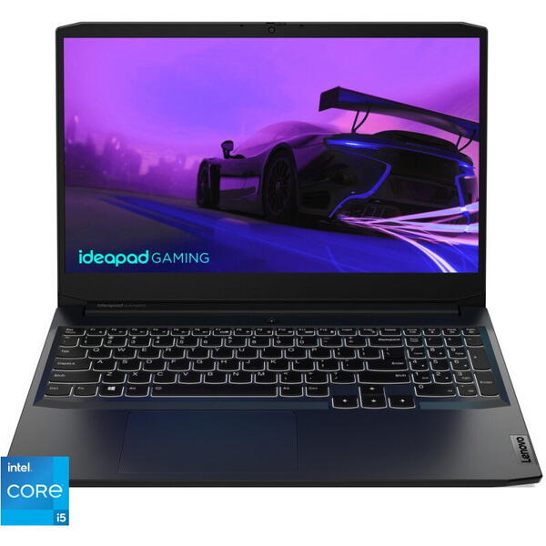 Laptop Lenovo Gaming 15.6 inch IdeaPad 3 15IHU6, FHD IPS, Procesor Intel Core i5-11320H (8M Cache, up to 4.50 GHz, with IPU), 8GB DDR4, 512GB SSD, GeForce GTX 1650 4GB, No OS, Shadow Black