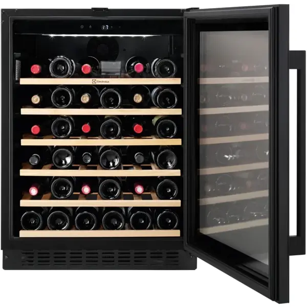 Vitrina frigorifica Electrolux de vinuri EWUS052B5B, 52 sticle, Rafturi lemn, Control electronic, Clasa G, H 82 cm, Negru