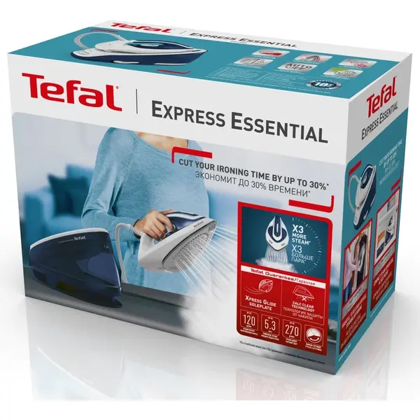 Statie de calcat Tefal Express Essential SV6116E0 , 2200W, Presiune 5.3 bari, Jet de abur 270 g/min, Rezervor 1.4L, Oprire automata, Alb/Albastru