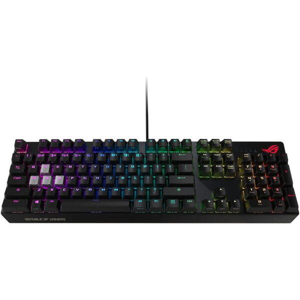 Tastatura Asus ROG Strix Scope, Gaming mecanica, RGB, Switch-uri Cherry MX Red, Cadru din aluminiu, Taste suplimentare WASD argintii, Iluminare Aura Sync, Negru