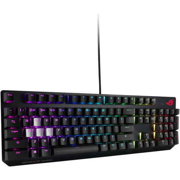 Tastatura Asus ROG Strix Scope, Gaming mecanica, RGB, Switch-uri Cherry MX Red, Cadru din aluminiu, Taste suplimentare WASD argintii, Iluminare Aura Sync, Negru
