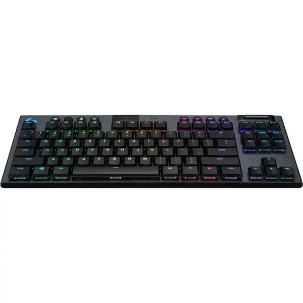 Tastatura mecanica gaming Logitech G915 TKL, Ultraslim, Lightspeed Wireless 2.4GHz&amp;Bluetooth, Lightsync RGB, Switch Clicky, Negru Carbon