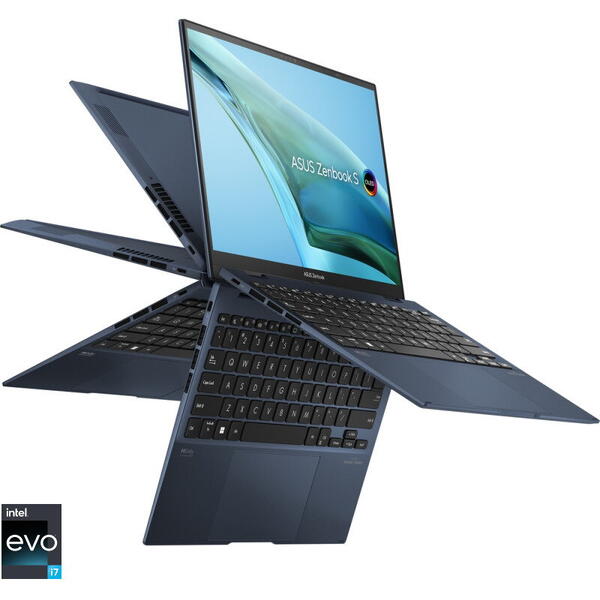 Laptop Asus Zenbook S 13 Flip OLED UP5302ZA, 2 in 1 Convertibil, 13.3 inch, 2.8K Touch, Procesor Intel Core i7-1260P (18M Cache, up to 4.70 GHz), 16GB DDR5, 1TB SSD, Intel Iris Xe, Win 11 Pro, Ponder Blue