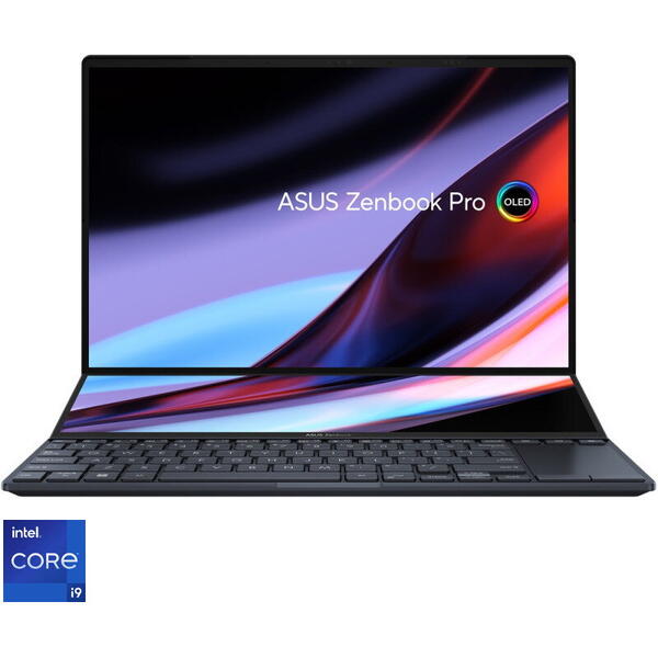 Laptop Asus 14.5 inch Zenbook Pro 14 Duo OLED UX8402ZE, 2.8K 120Hz Touch, Procesor Intel Core i9-12900H (24M Cache, up to 5.00 GHz), 32GB DDR5, 2TB SSD, GeForce RTX 3050 Ti 4GB, Win 11 Pro, Tech Black