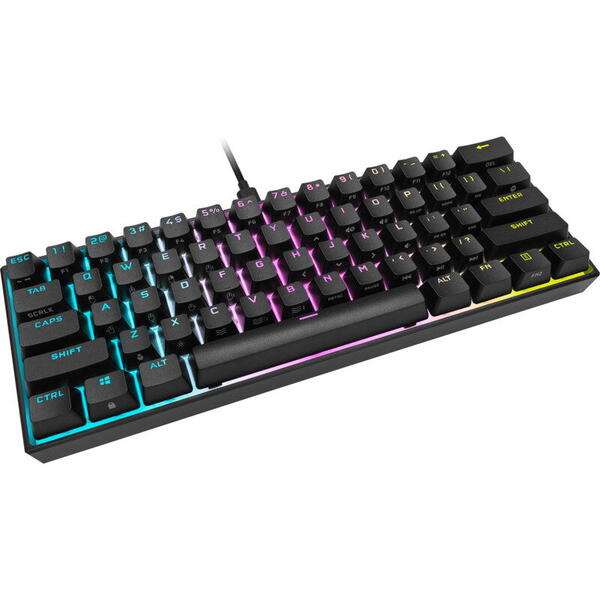 Tastatura Corsair Gaming Mecanica K65 Mini 60%, Iluminare RGB iCUE, Switch Cherry MX Red, Butoane Doubleshot PBT, Cablu USB-C Detasabil, Negru
