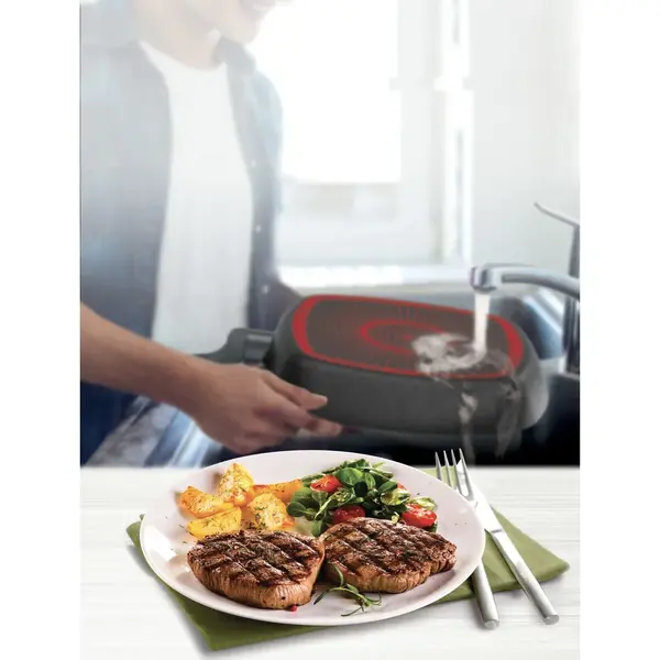 Tigaie grill Tefal Simply Clean, Thermo-Signal, Invelis antiaderent din titan, 26X26 cm