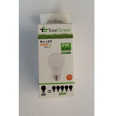 Bec Total Green TG-2400.208240, LED EVO15 A60 8W/E27/220V/3000k, Lumina Calda
