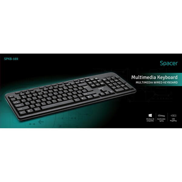 Tastatura Spacer cu fir, SPKB-169, USB, Multimedia, 104 taste + 11 taste multimedia, Anti-spill, Negru