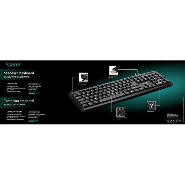 Tastatura Spacer cu fir, SPKB-520, 104 taste, Anti-spill, Negru