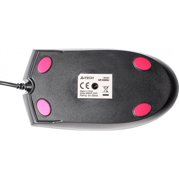 Mouse A4tech Cu fir, Optic, USB, OP-550NU-1, V-track Padless USB, Metal feet, 1000 - 2000 dpi, Negru