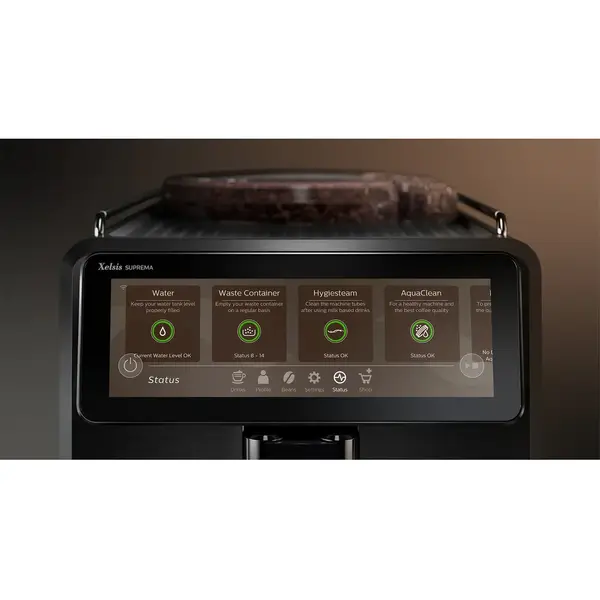 Espressor automat Philips-Saeco Xelsis Suprema SM8885/00, 15 bari, 22 specialitati de cafea, 8 profile de utilizator, interfata Coffee Maestro, tehnologie BeanMaestro, functie LatteDuo, rasnita ceramica, filtru Aqua Clean, Gri