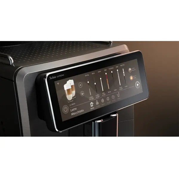 Espressor automat Philips-Saeco Xelsis Suprema SM8885/00, 15 bari, 22 specialitati de cafea, 8 profile de utilizator, interfata Coffee Maestro, tehnologie BeanMaestro, functie LatteDuo, rasnita ceramica, filtru Aqua Clean, Gri