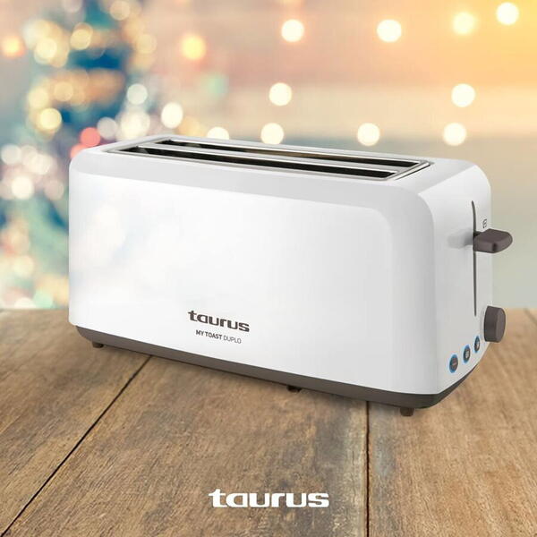 Toaster Prajitor paine Taurus My toast Duplo, 1450 W, 2 Sloturi extra lungi de 262 x 32 mm, Termostat reglabil in 7 trepte, Centrare felii de paine, Iluminare LED, Trei functii: dezghetare, reincalzire si anulare prajire, Extra lift