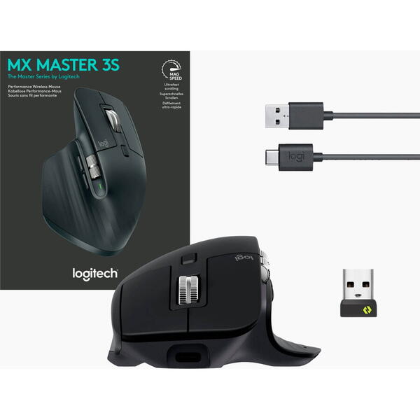 Mouse Logitech MX Master 3S Performance, 8000 dpi, Silent, USB, BT, Graphite