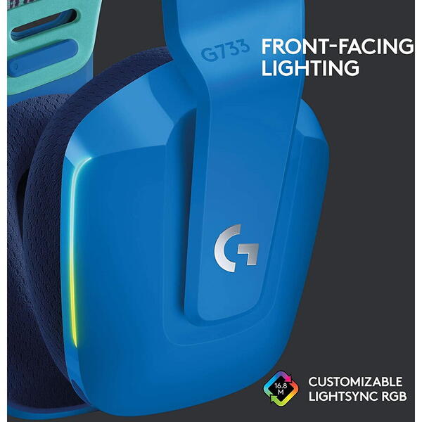 Casti Logitech Gaming wirelessG733, Ultrausoare, Lightsync RGB, Albastru