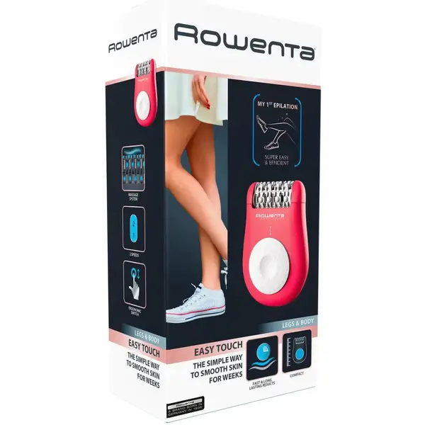 Epilator Rowenta Easy Touch EP1110F1, 2 Trepte de viteza, 24 Pensete, 4.8 W, Sistem de masaj cu bile, Roz