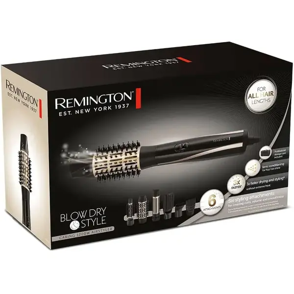 Perie cu aer cald Remington Blow Dry and Style Caring 1200 W AS7700, 1200 W, 6 accesorii, Ionizare, Negru