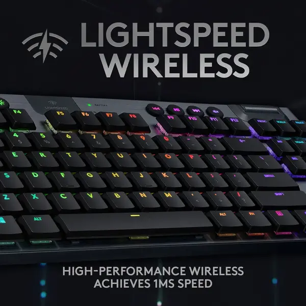Tastatura Logitech mecanica gaming G915 TKL, Ultraslim, Lightspeed Wireless 2.4GHz&amp, Bluetooth, Lightsync RGB, Switch Liniar, Negru Carbon