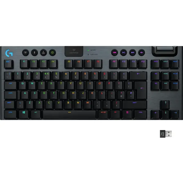 Tastatura Logitech mecanica gaming G915 TKL, Ultraslim, Lightspeed Wireless 2.4GHz&amp, Bluetooth, Lightsync RGB, Switch Liniar, Negru Carbon