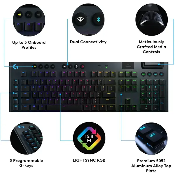 Tastatura Logitech mecanica gaming G915, Ultraslim, Lightspeed Wireless &amp; Bluetooth, Lightsync RGB, Switch Tactil