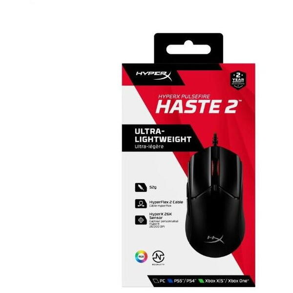 Mouse HP HyperX Pulsefire Haste 2, 26000 DPI, ultrausor (53g), 6 butoane, 650IPS, 50G, software NGENUITY, cablu HyperFlex 2, Negru