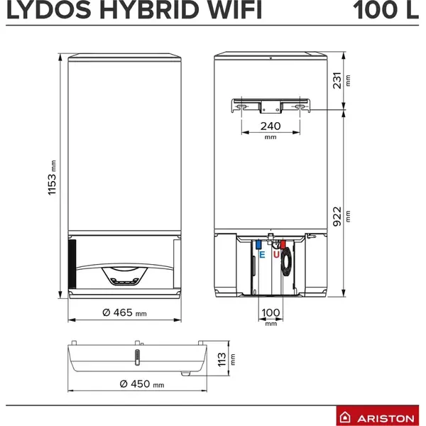 Boiler Ariston LYDOS HYBRID WI-FI 100, electric cu pompa de caldura, 100 l, 1200 W