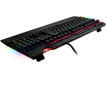 Tastatura Asus gaming mecanica ROG Strix Flare, RGB, Switch-uri Cherry MX Red, Emblema iluminata personalizabila, Suport ergonomic detasabil, Taste media dedicate, Iluminare Aura Sync, Negru
