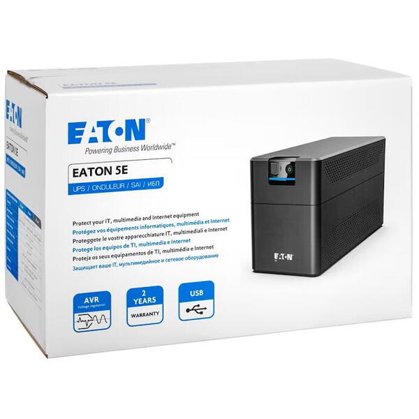 UPS Eaton 5E1200UD, Gen2 USB DIN, 1200 VA/660W, Line-Interactive, intrare Schuko, 4 iesiri DIN, port USB, AVR (reglare automata tensiune), 140-300V intrare, 195-257V iesire, eficienta 95%, baterie sigilata plumb acid, pornire la rece, 8.37kg
